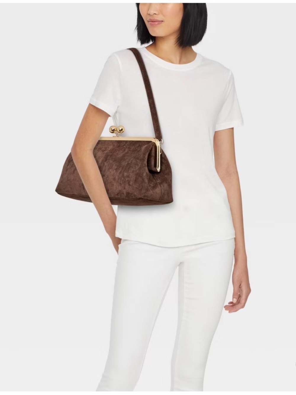Classic Brown Suede Frame-Top Shoulder Bag